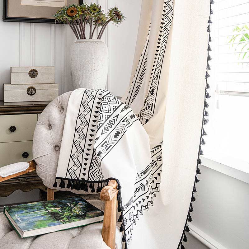 Geometric Tassel Curtain Semi Blackout Drapes in Cotton Blend