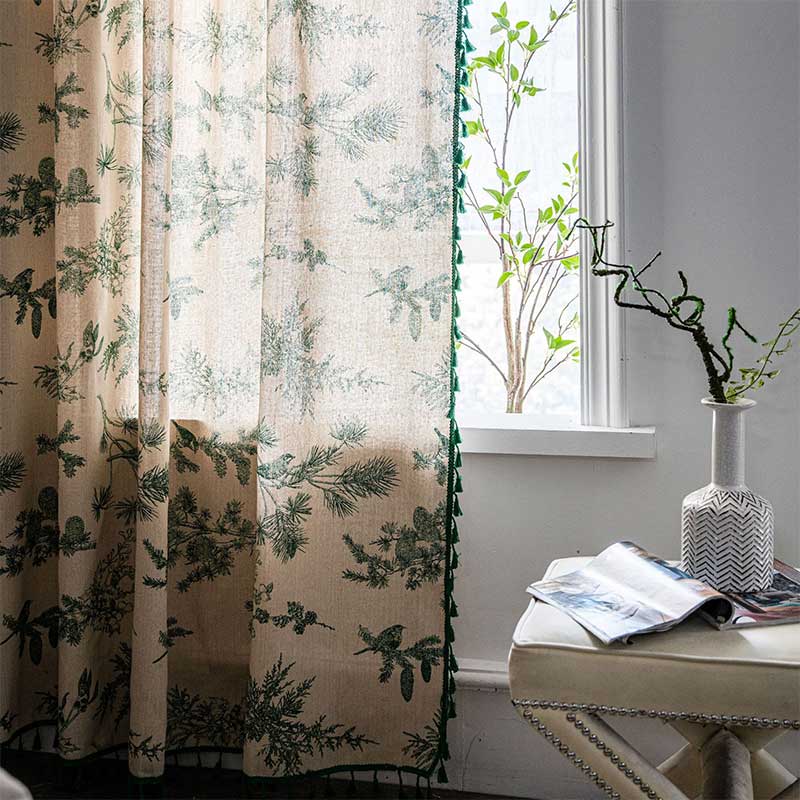 Green Pine Bird Pattern Tassel Curtain Bohemian Cotton Blend