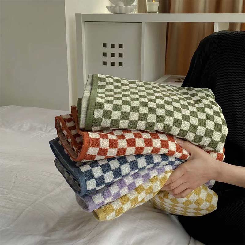 Checkerboard Plaid Colorblock Cotton Bath Towel Set