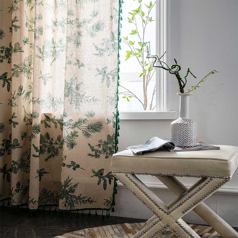 Green Pine Bird Pattern Tassel Curtain Bohemian Cotton Blend