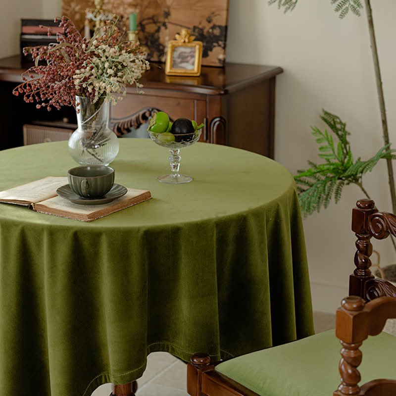 Olive Green Velvet Tablecloth with Vintage French Style