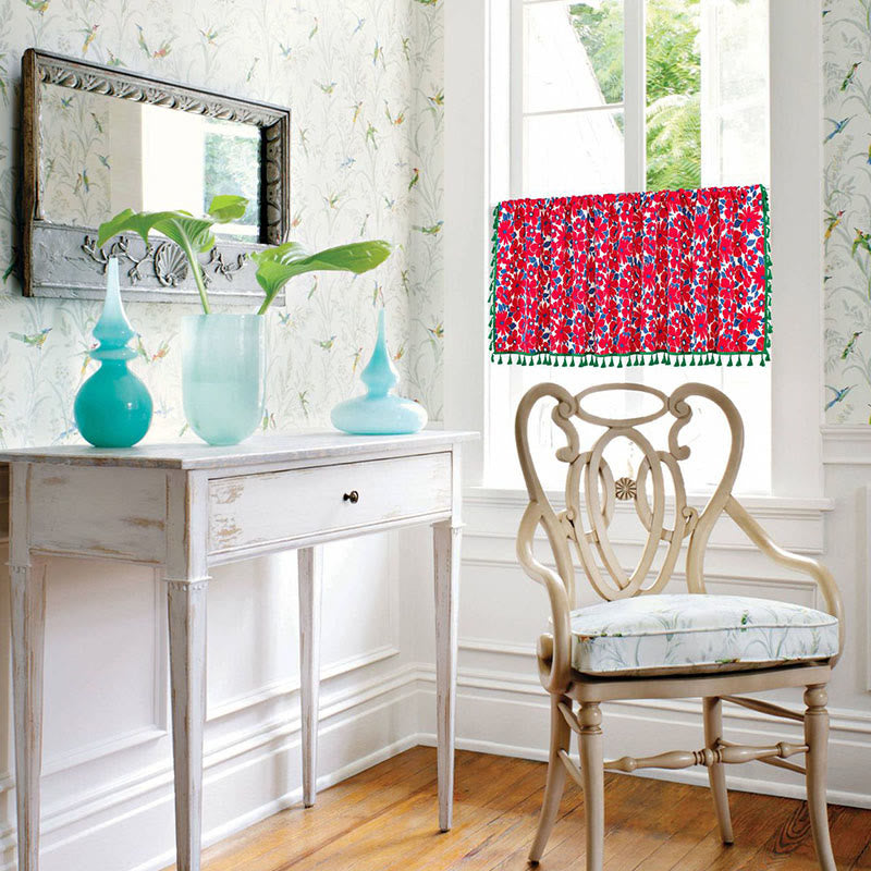 Red Flower Print Tassel Tier Curtain in Cotton Linen