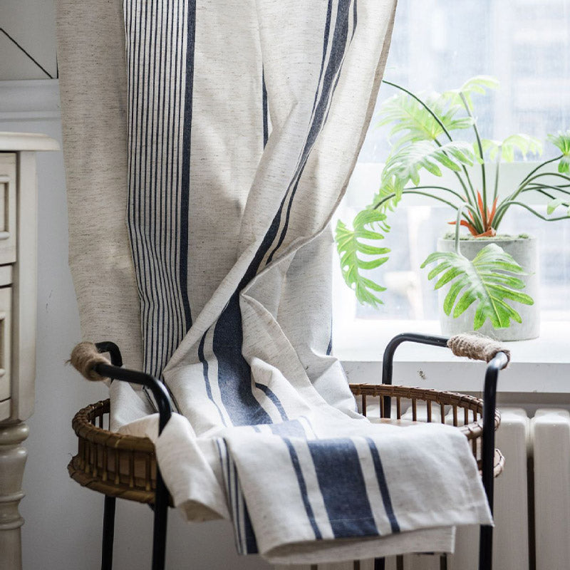 Navy & Beige Striped Semi-Blackout Cotton Curtains