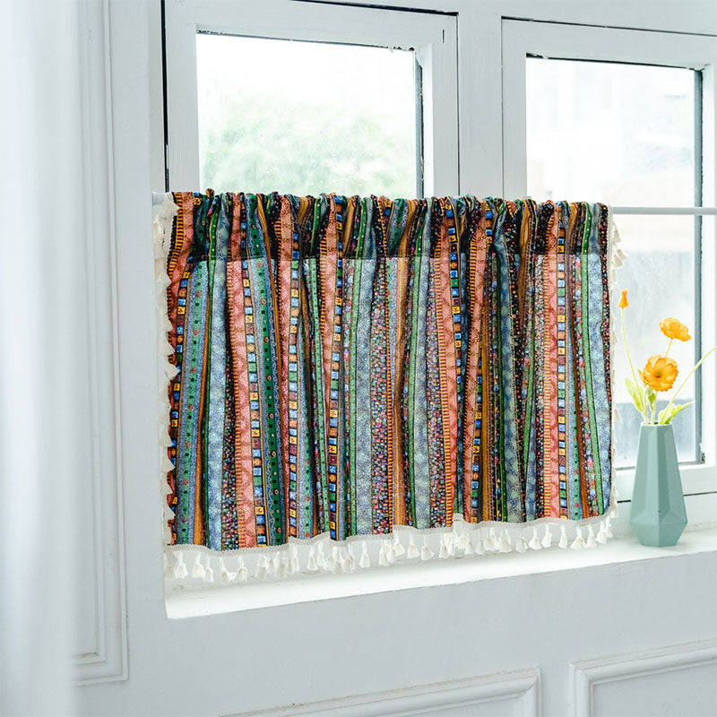 Colorful Plaid Pattern Tassel Tier Curtain in Cotton Linen