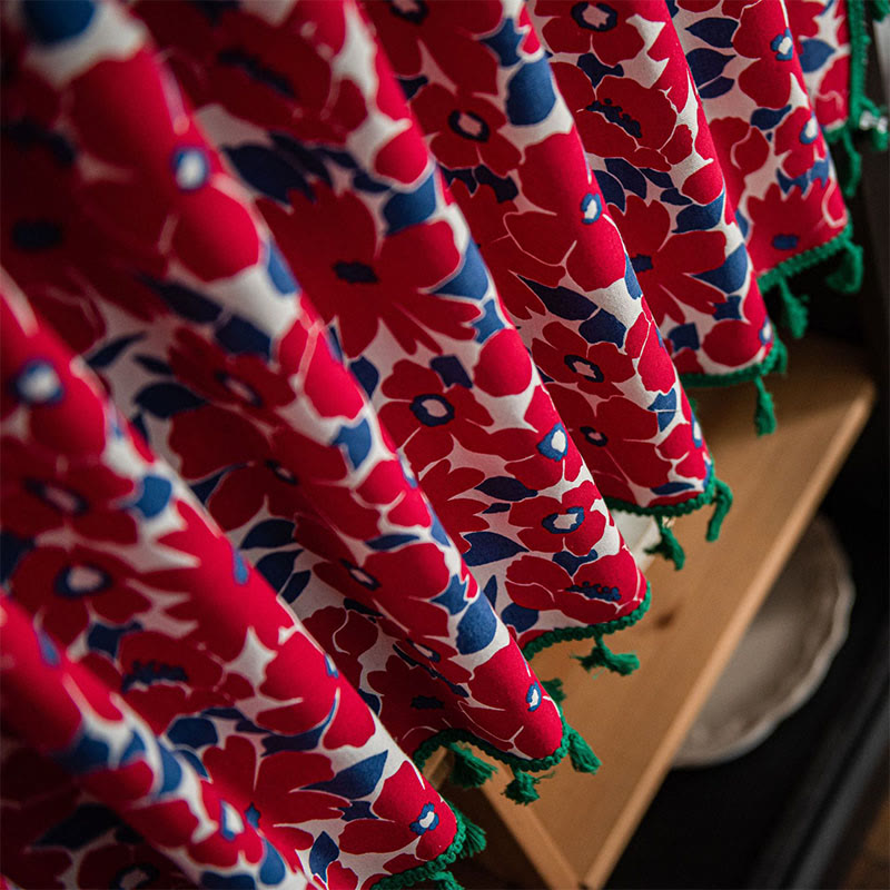 Red Flower Print Tassel Tier Curtain in Cotton Linen