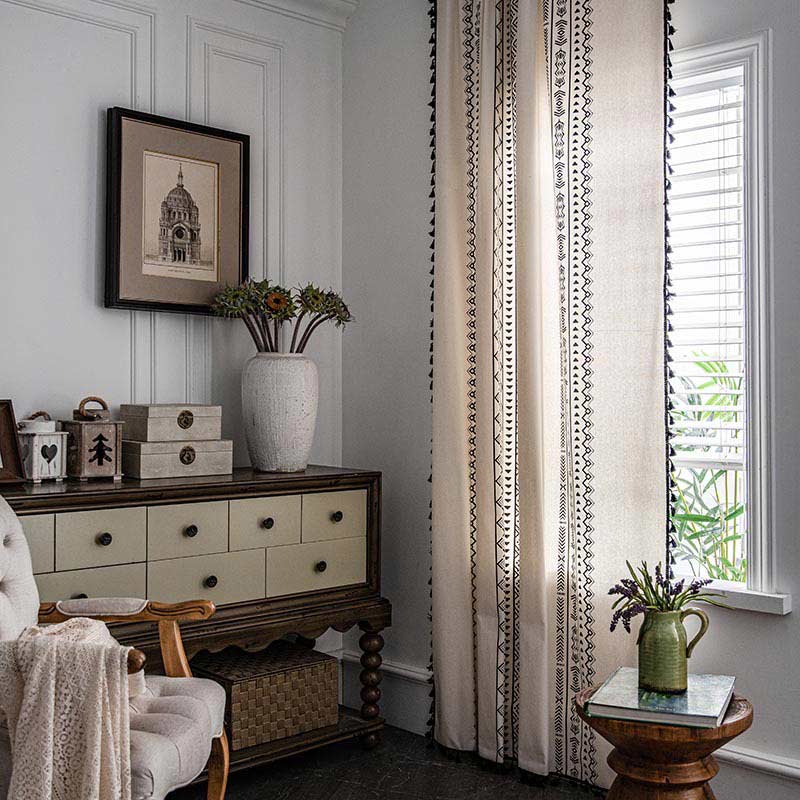 Geometric Tassel Curtain Semi Blackout Drapes in Cotton Blend