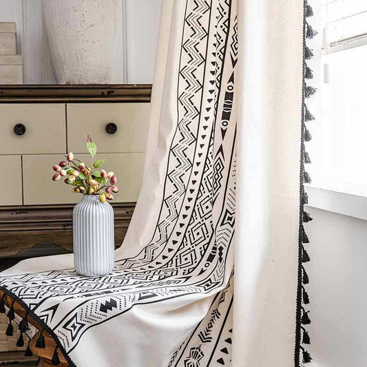 Geometric Tassel Curtain Semi Blackout Drapes in Cotton Blend