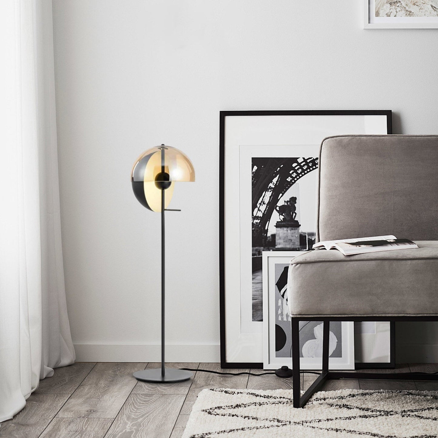 Modern Floor Lamp with Amber Glass Shade