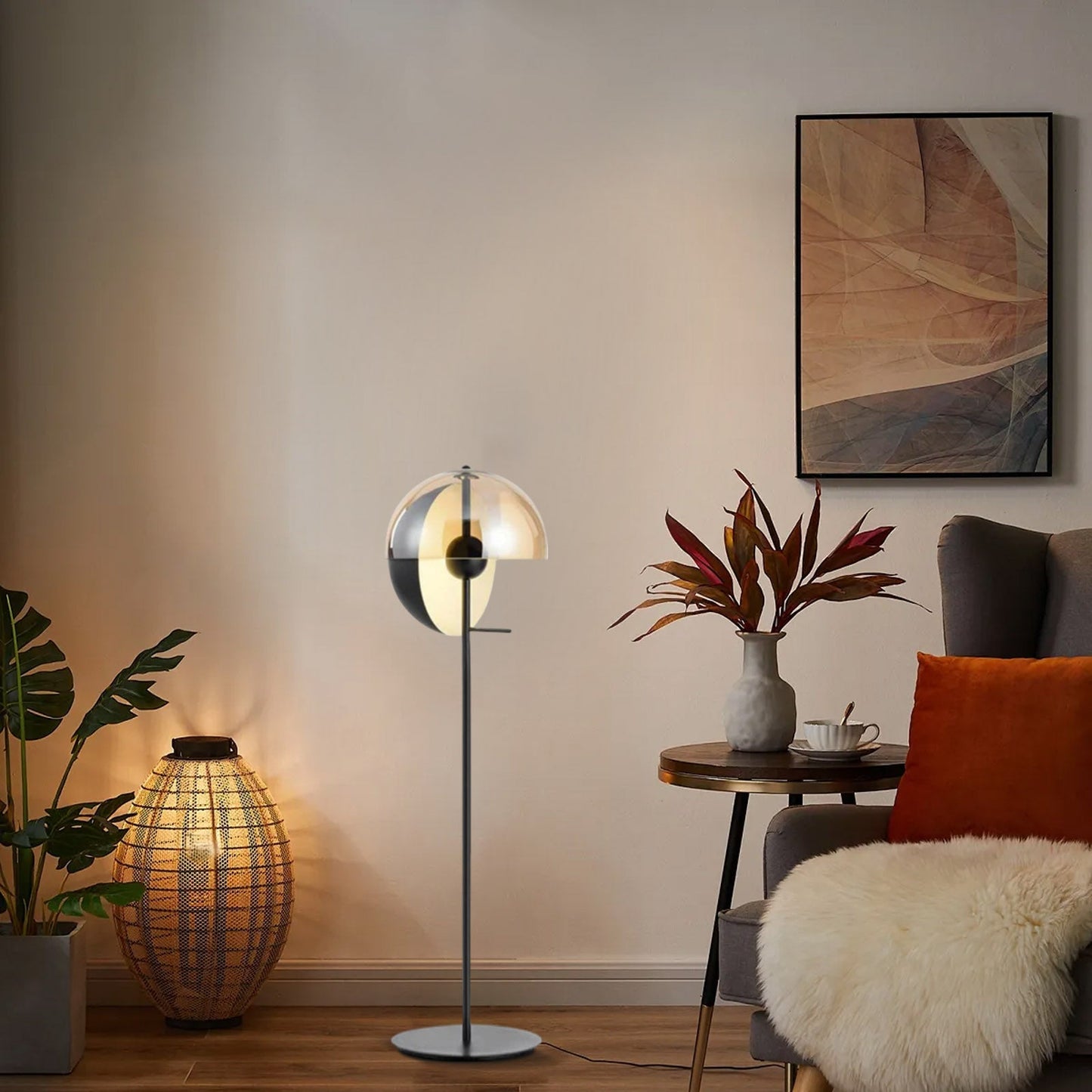Modern Floor Lamp with Amber Glass Shade