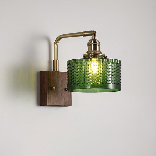 Rustic Green Glass Wall Light with Wooden Base