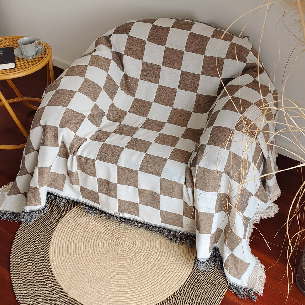 Color Block Checkerboard Fringe Trim Sofa Blanket Cover