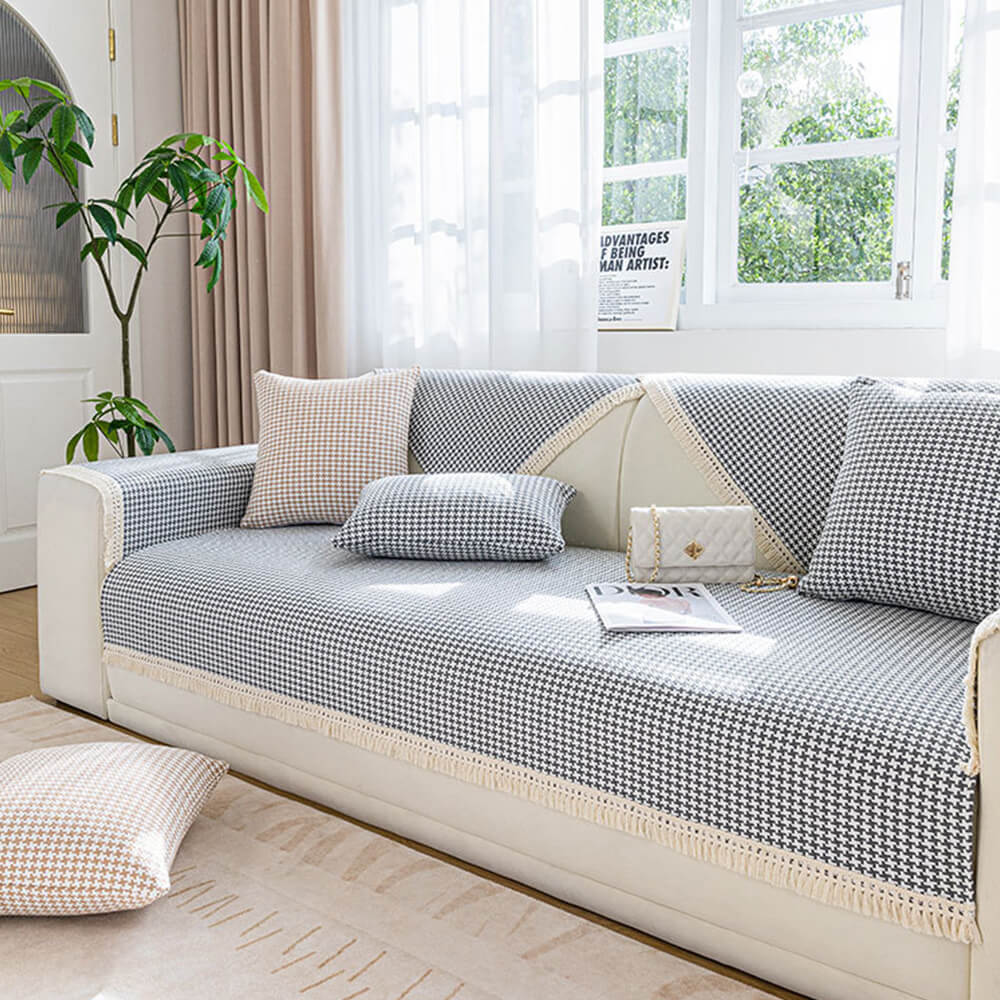 Houndstooth Pattern Elegant Fringe Soft Cotton Linen Couch Cover