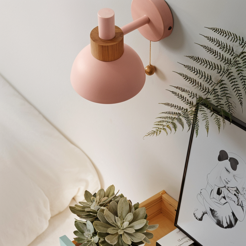 Minimalist Wooden Wall Lamp with Pull Switch – Soft Pastel Modern Design