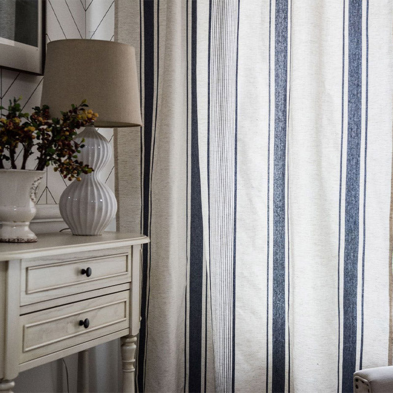 Navy & Beige Striped Semi-Blackout Cotton Curtains