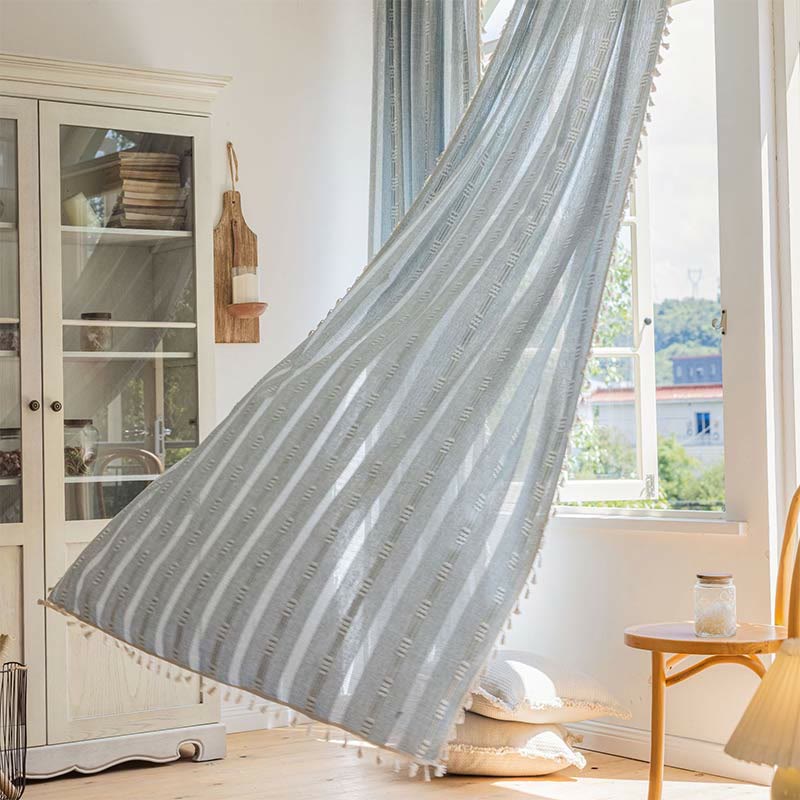 Striped Hollow-Out Tassel Light Filtering Curtain