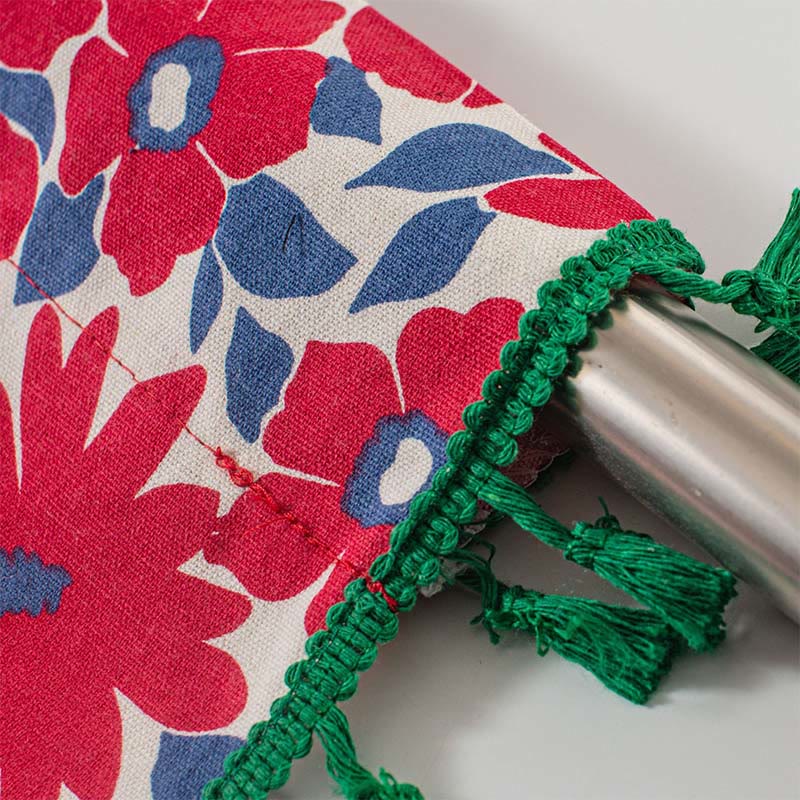 Red Flower Print Tassel Tier Curtain in Cotton Linen