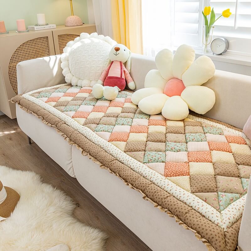Floral Handmade Pure Cotton Protective Couch Cover, Non-Slip