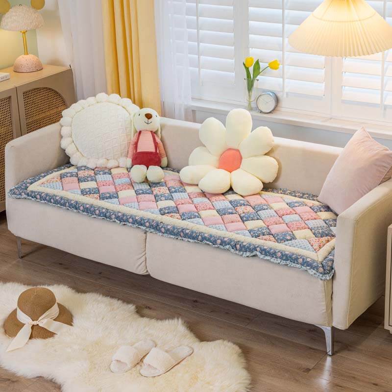 Floral Handmade Pure Cotton Protective Couch Cover, Non-Slip
