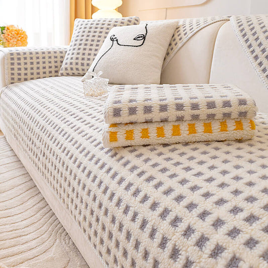 Warm Sherpa Fleece Plaid Couch Cover Furniture Protector