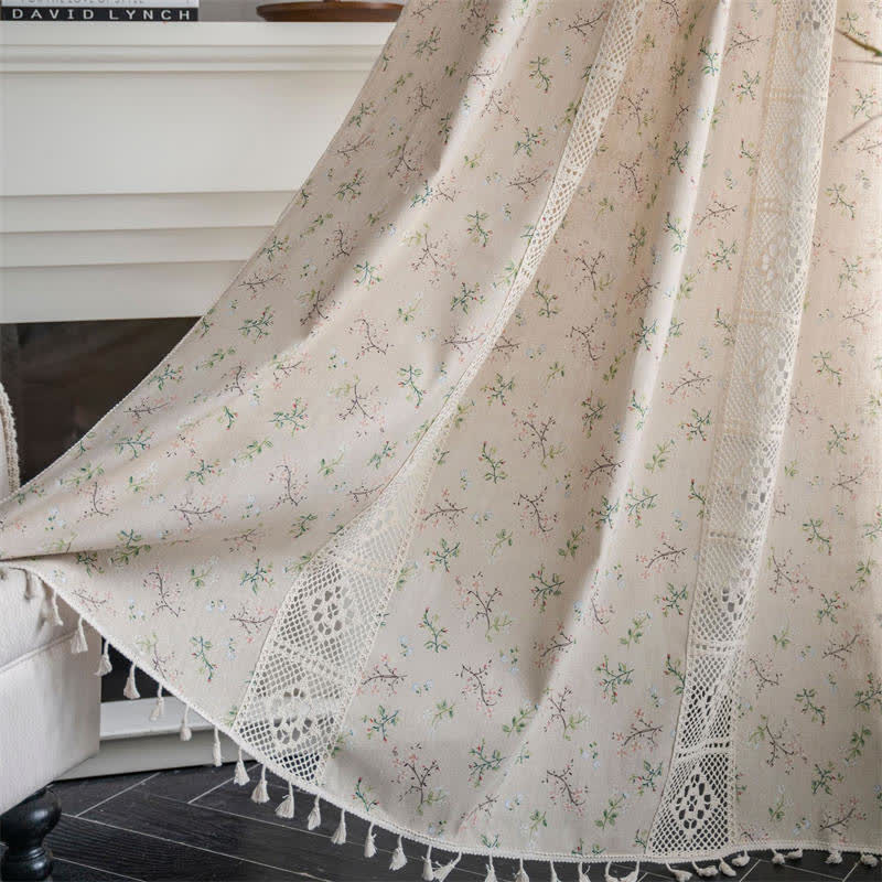 Floral Plaid Splicing Cotton Linen Tassel Curtain