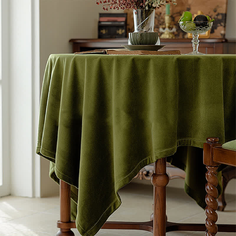 Olive Green Velvet Tablecloth with Vintage French Style