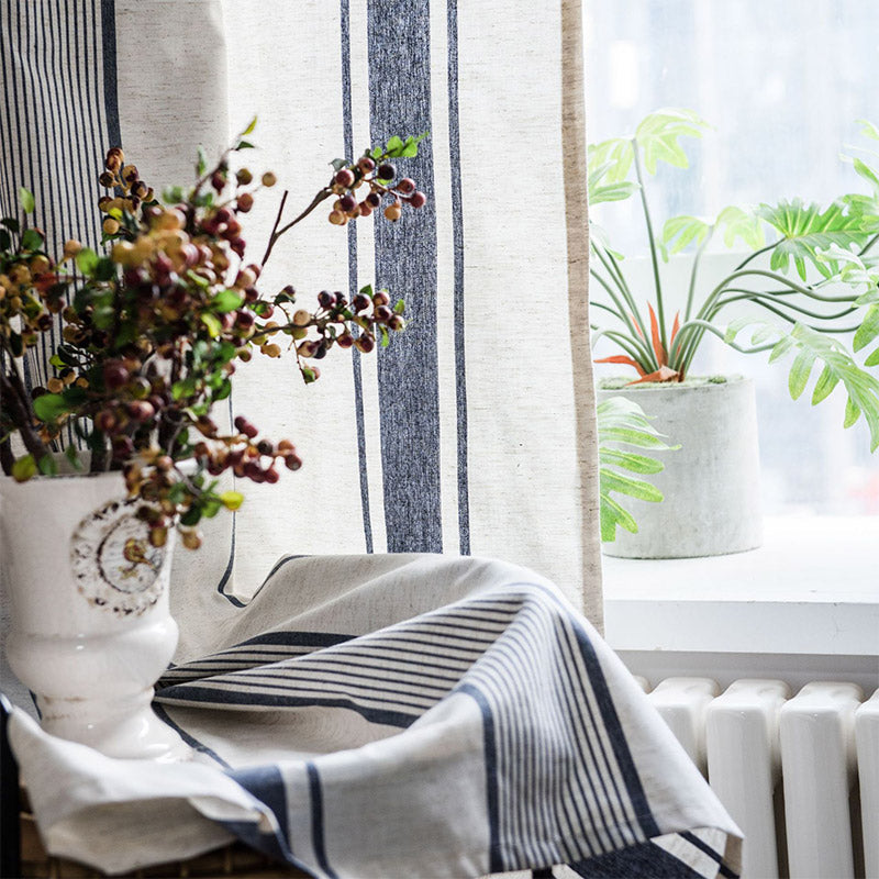 Navy & Beige Striped Semi-Blackout Cotton Curtains