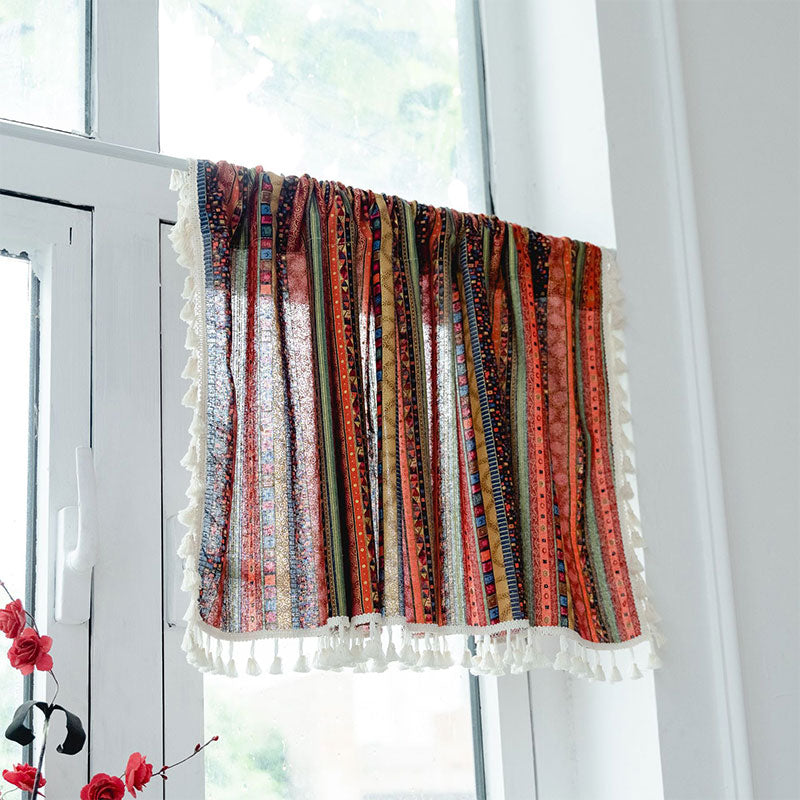 Colorful Plaid Pattern Tassel Tier Curtain in Cotton Linen
