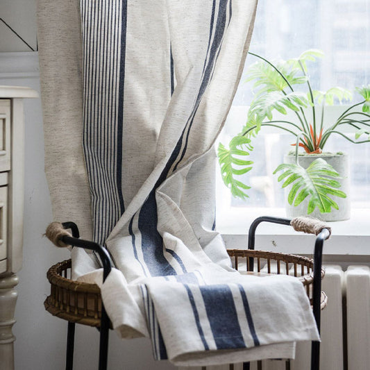 Navy & Beige Striped Semi-Blackout Cotton Curtains