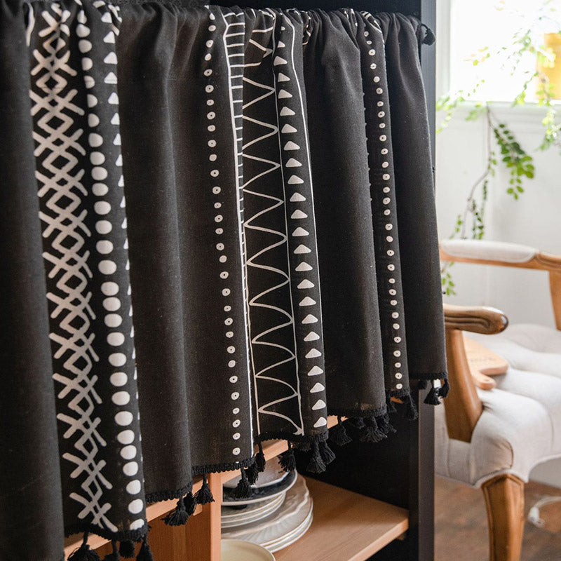 Black Pattern Tassel Tier Curtain