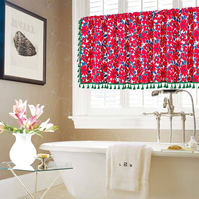 Red Flower Print Tassel Tier Curtain in Cotton Linen