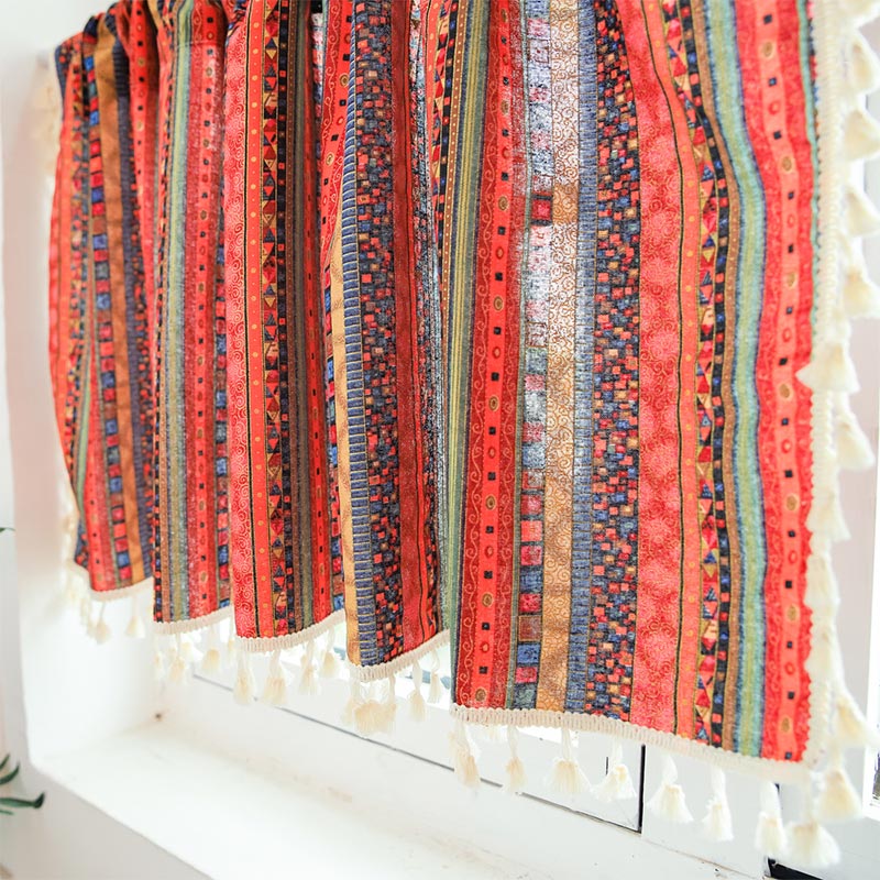 Colorful Plaid Pattern Tassel Tier Curtain in Cotton Linen