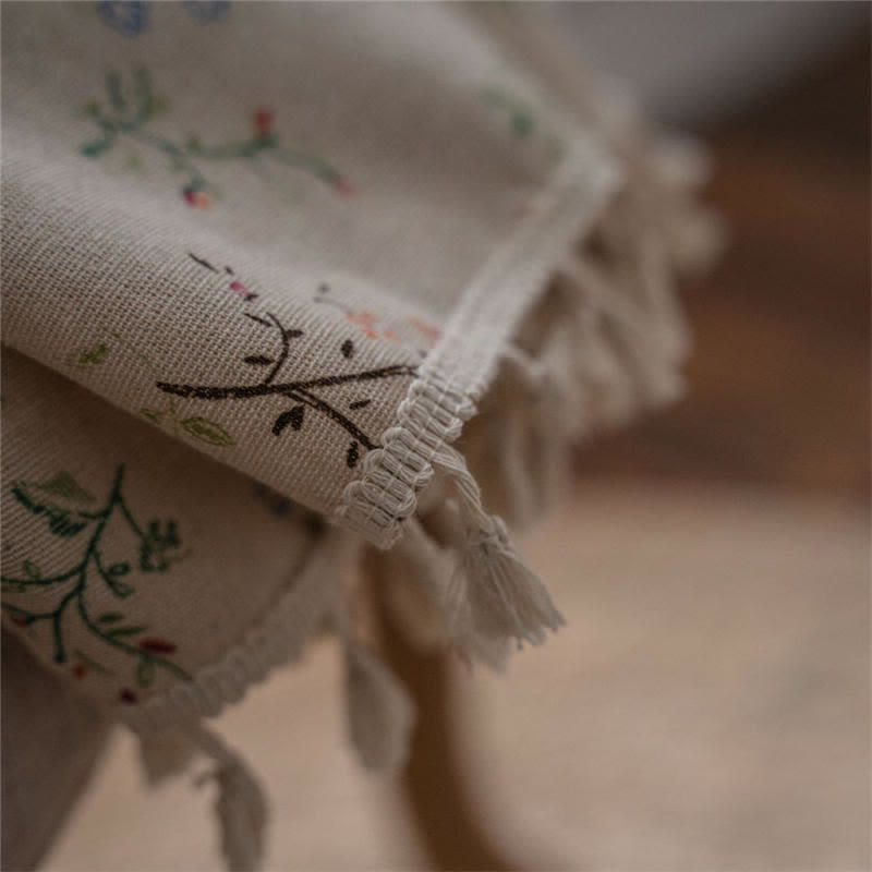 Floral Plaid Splicing Cotton Linen Tassel Curtain