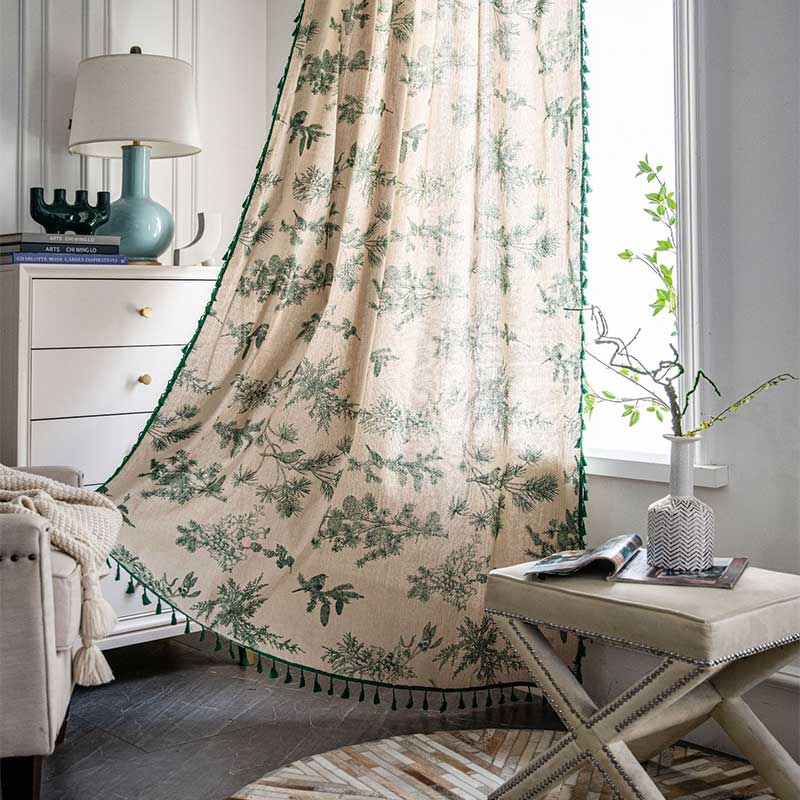 Green Pine Bird Pattern Tassel Curtain Bohemian Cotton Blend
