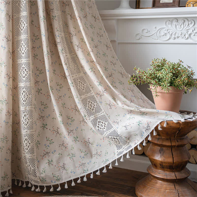Floral Plaid Splicing Cotton Linen Tassel Curtain