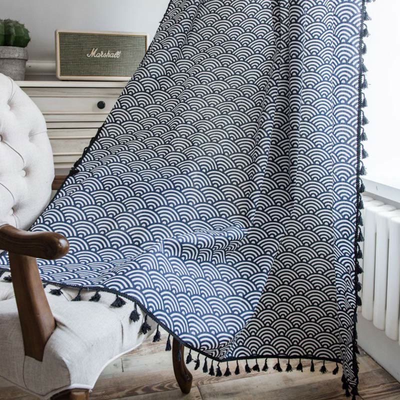 Fish Scale Semi Blockout Tassel Curtain in Navy Cotton