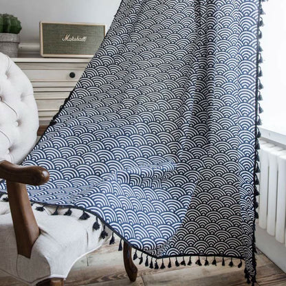 Fish Scale Semi Blockout Tassel Curtain in Navy Cotton