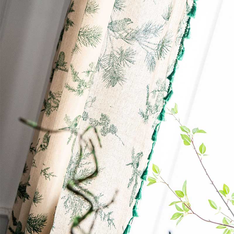 Green Pine Bird Pattern Tassel Curtain Bohemian Cotton Blend