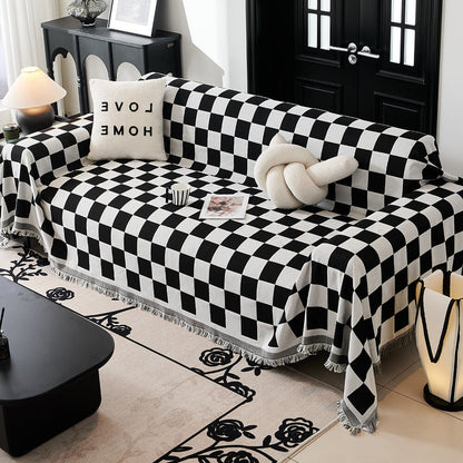 Color Block Checkerboard Fringe Trim Sofa Blanket Cover
