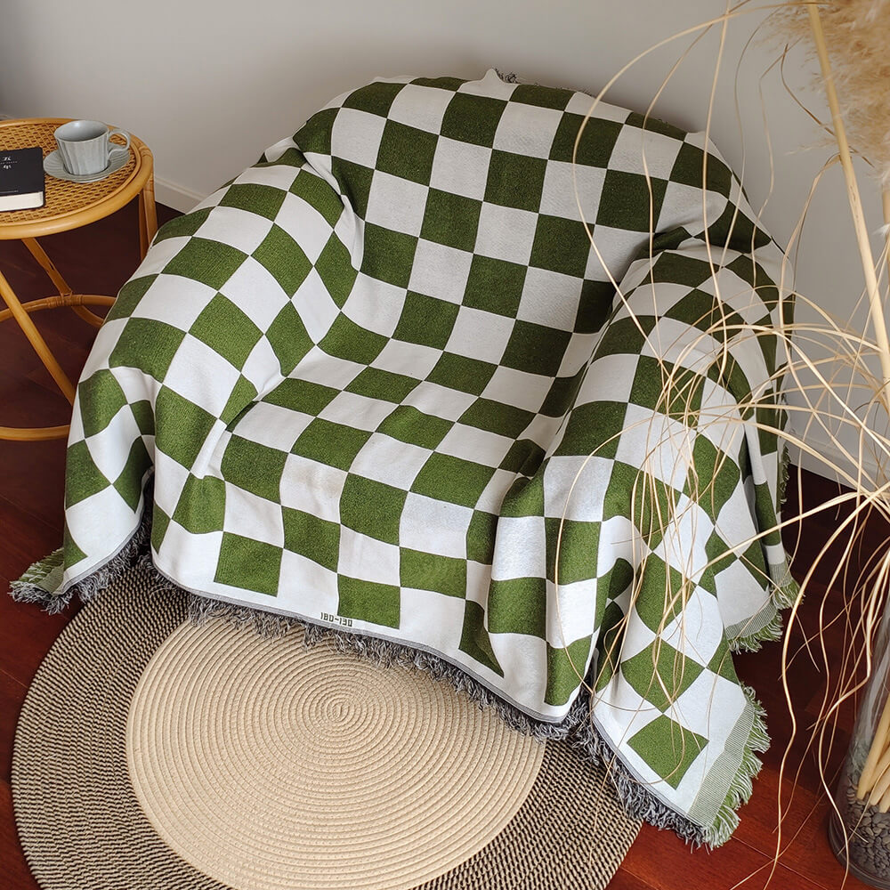 Color Block Checkerboard Fringe Trim Sofa Blanket Cover