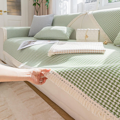 Houndstooth Pattern Elegant Fringe Soft Cotton Linen Couch Cover