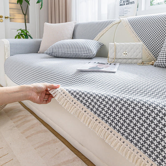 Houndstooth Pattern Elegant Fringe Soft Cotton Linen Couch Cover