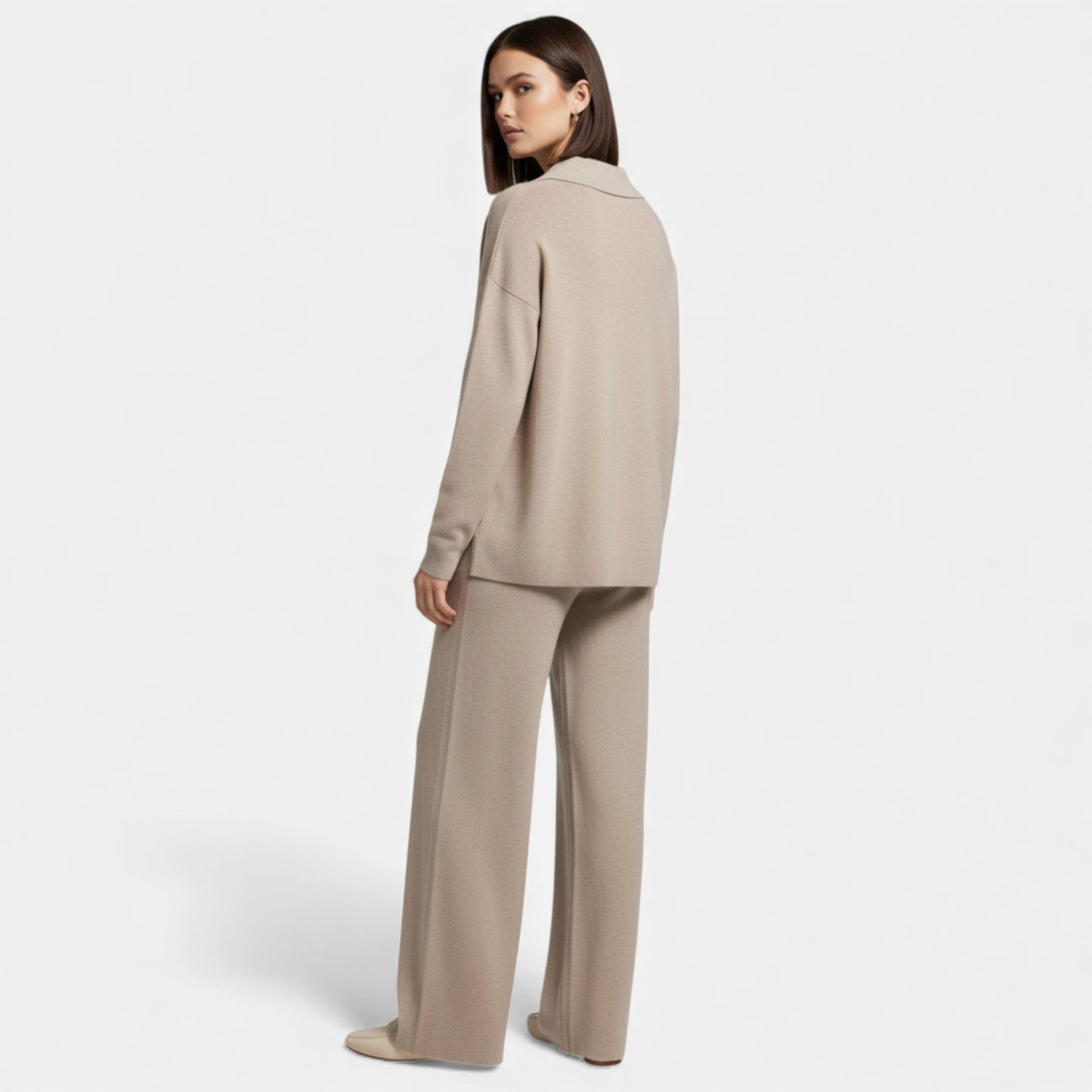 Virashoper Women’s Cashmere-Feel Polo Lounge Set with Elegant Knit Detail