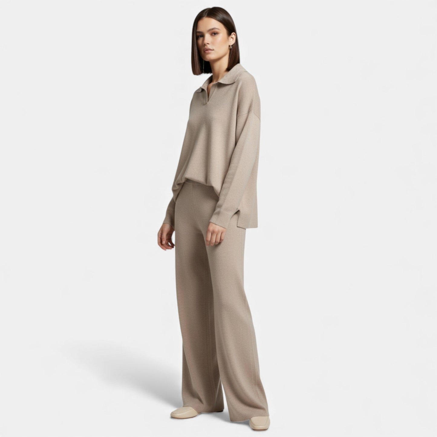 Virashoper Women’s Cashmere-Feel Polo Lounge Set with Elegant Knit Detail