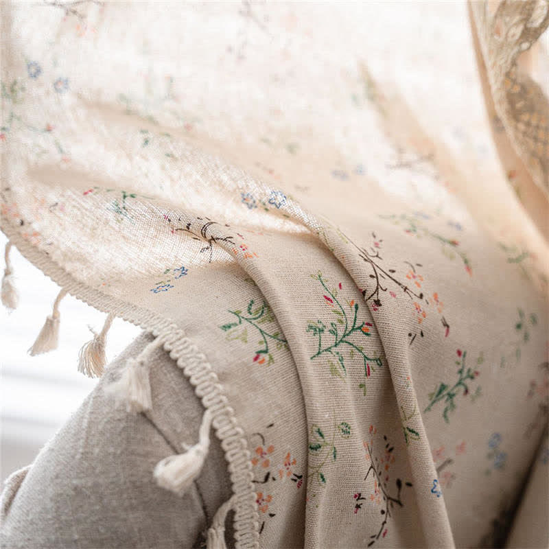 Floral Plaid Splicing Cotton Linen Tassel Curtain