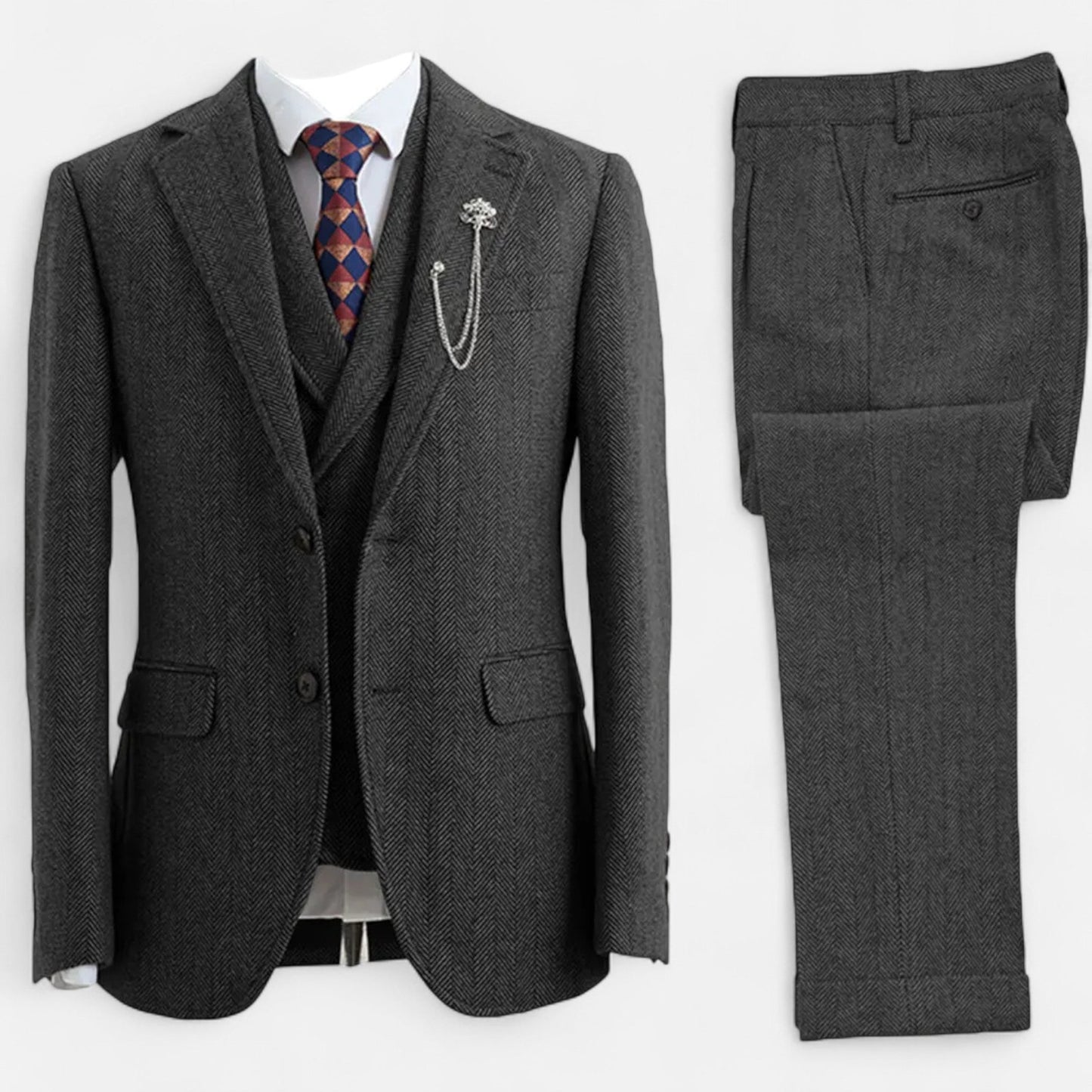 Virashoper Men’s 3-Piece Tweed Herringbone Double-Breasted Suit