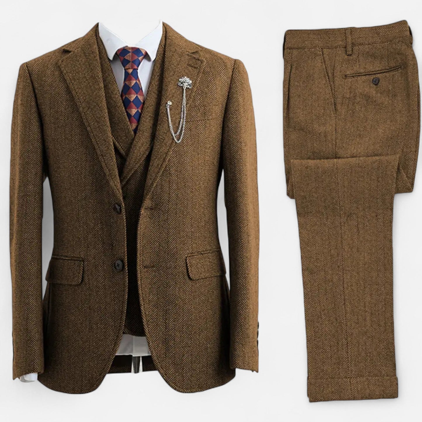 Virashoper Men’s 3-Piece Tweed Herringbone Double-Breasted Suit