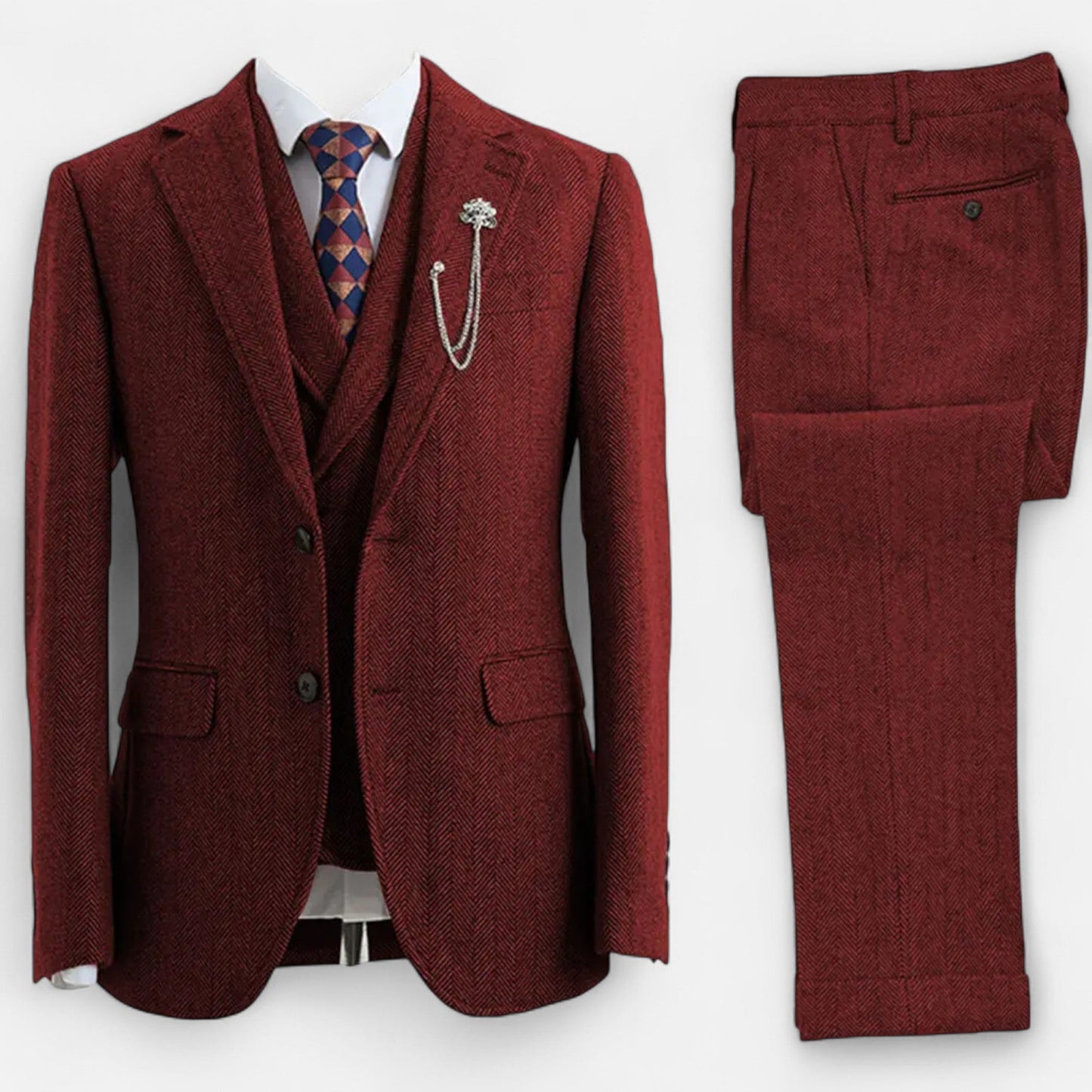 Virashoper Men’s 3-Piece Tweed Herringbone Double-Breasted Suit