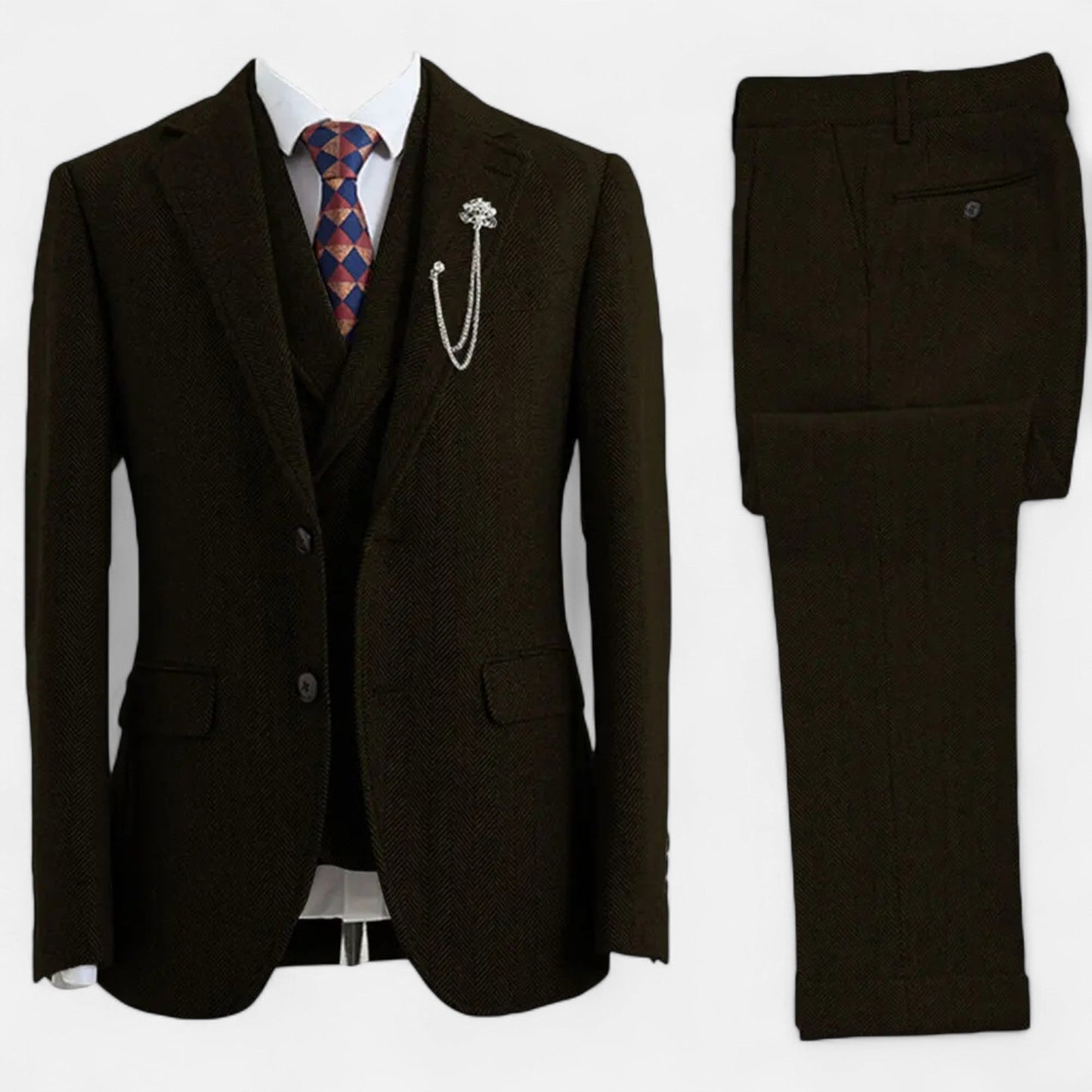 Virashoper Men’s 3-Piece Tweed Herringbone Double-Breasted Suit