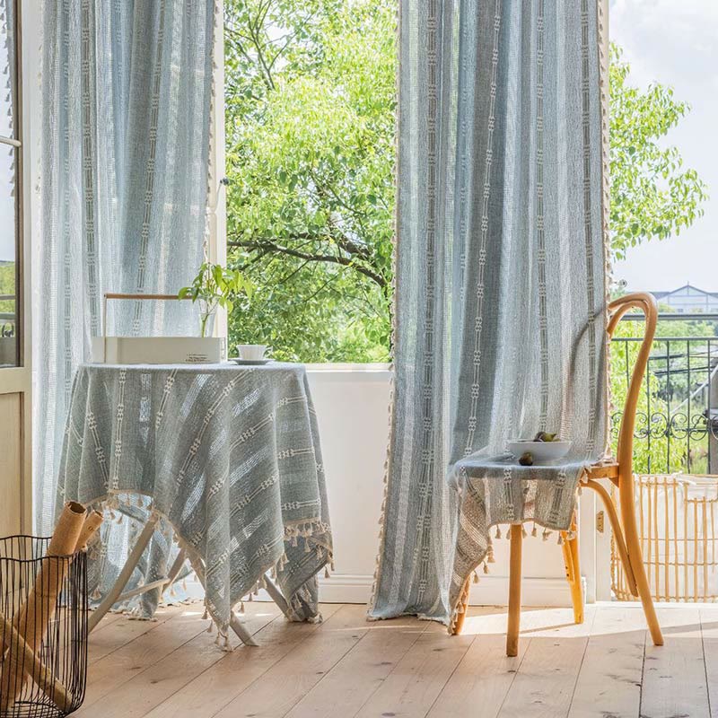 Striped Hollow-Out Tassel Light Filtering Curtain