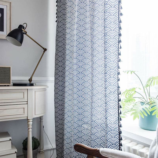 Fish Scale Semi Blockout Tassel Curtain in Navy Cotton
